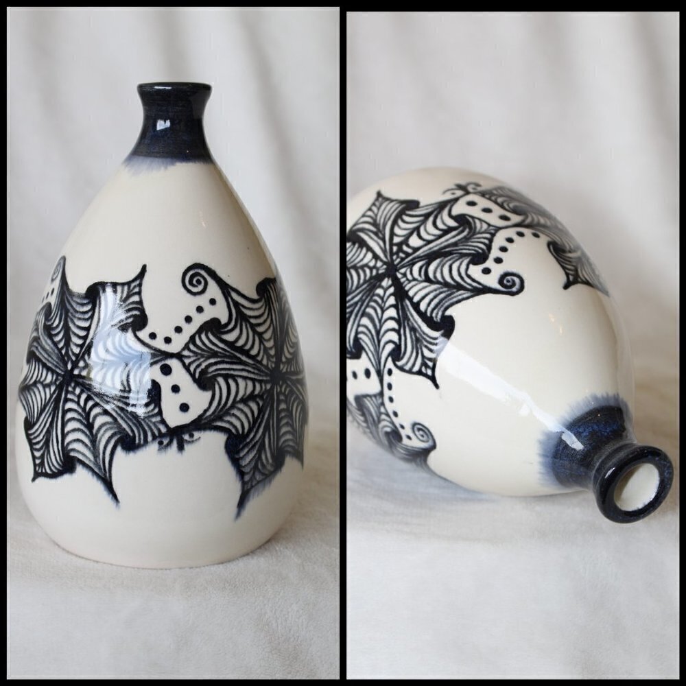 Porcelain ceramic decorative Bottle hand painted black zentangle flowers signed